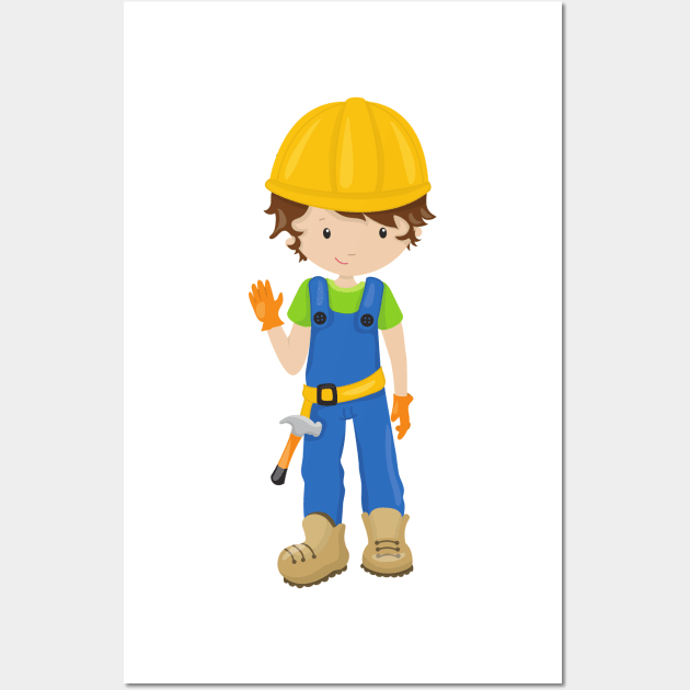 Construction Worker, Brown Hair, Cute Boy, Hammer Wall Art by Jelena Dunčević